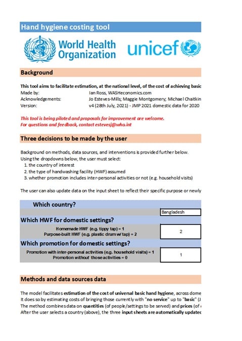 Costing tool for estimating the cost of interventions to improve hand hygiene in domestic settings